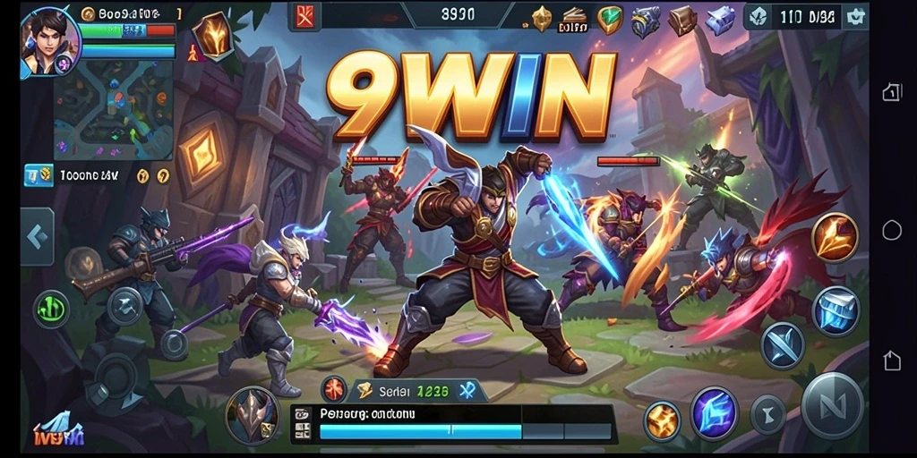 Screenshot utama 9WIN menampilkan aksi gameplay seru dalam pertandingan MOBA.