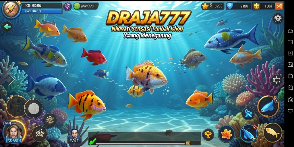 Screenshot DRAJA777 menampilkan aksi menembak ikan yang seru dan penuh warna.