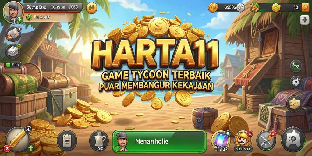 Tampilan gameplay HARTA11 dengan aktivitas membangun bisnis yang seru.
