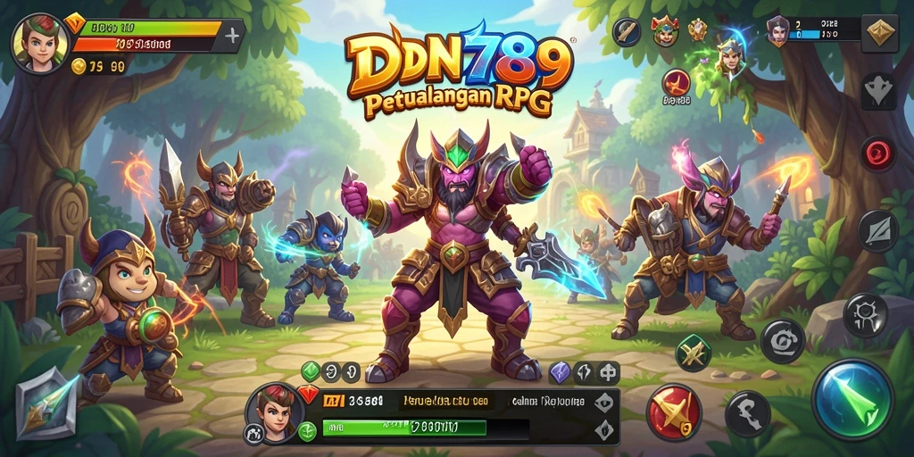 Screenshot IDN789 menunjukkan pertempuran epik di dunia fantasi yang penuh warna.