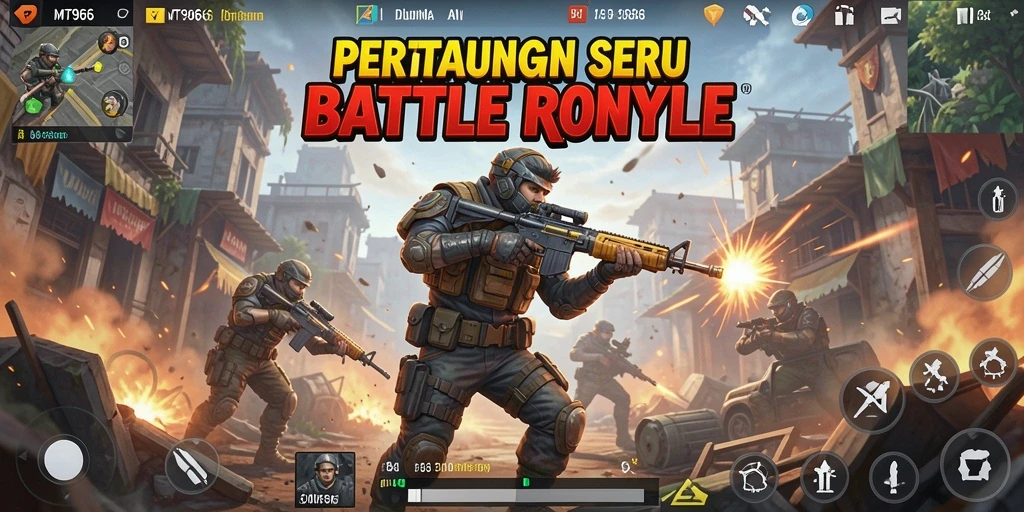 Screenshot menampilkan aksi tempur dinamis dalam gameplay Battle Royale MT966.